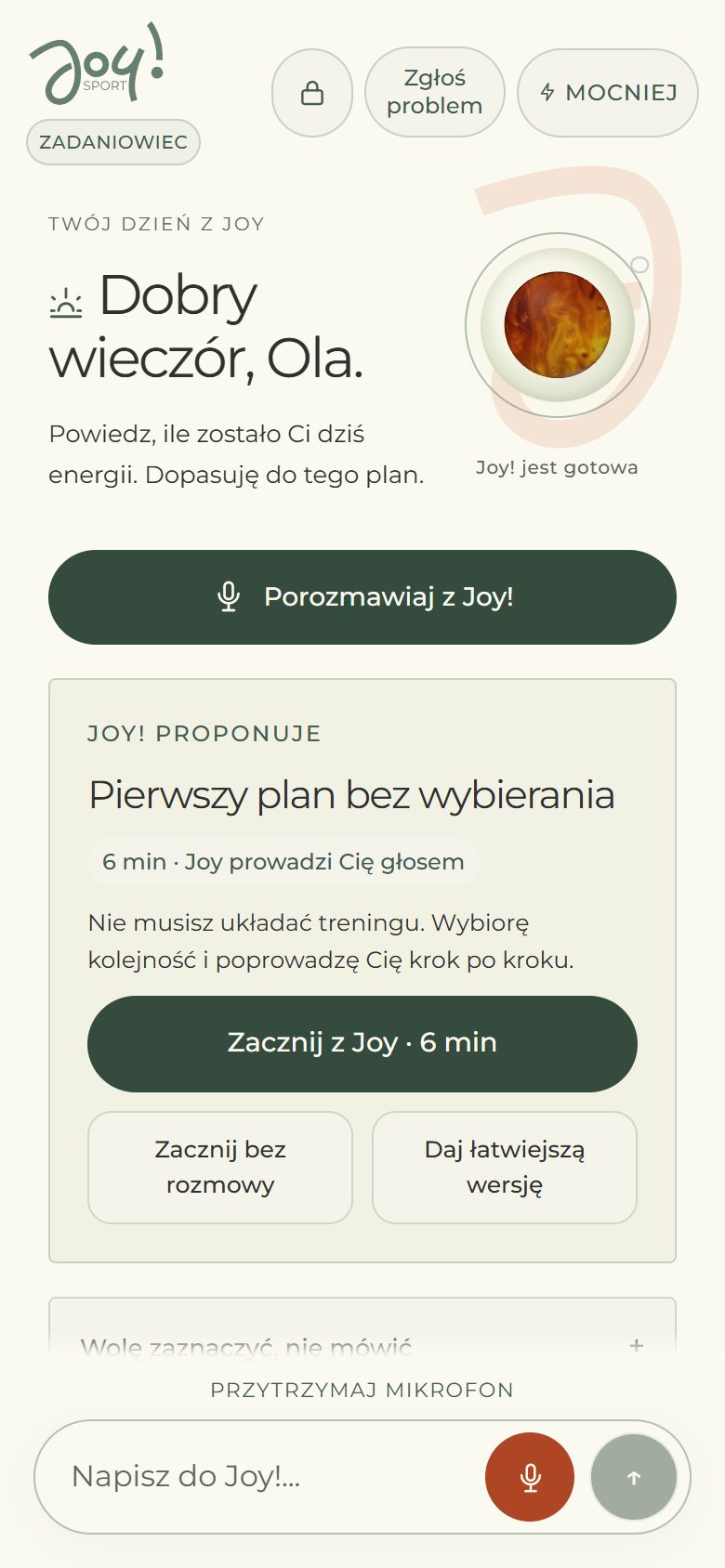 Ekran główny Joy z propozycją ruchu i rozmową