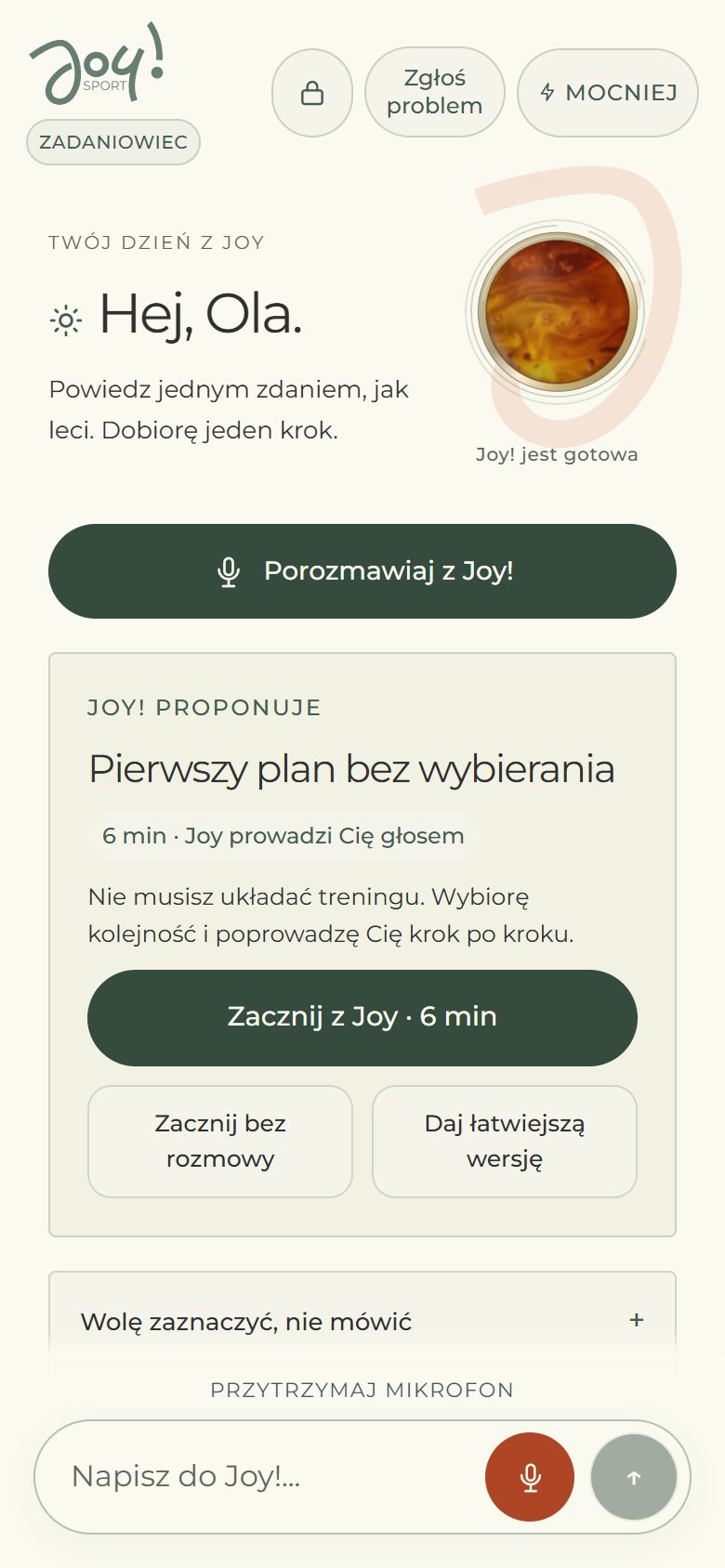Ekran główny Joy z propozycją ruchu na dziś