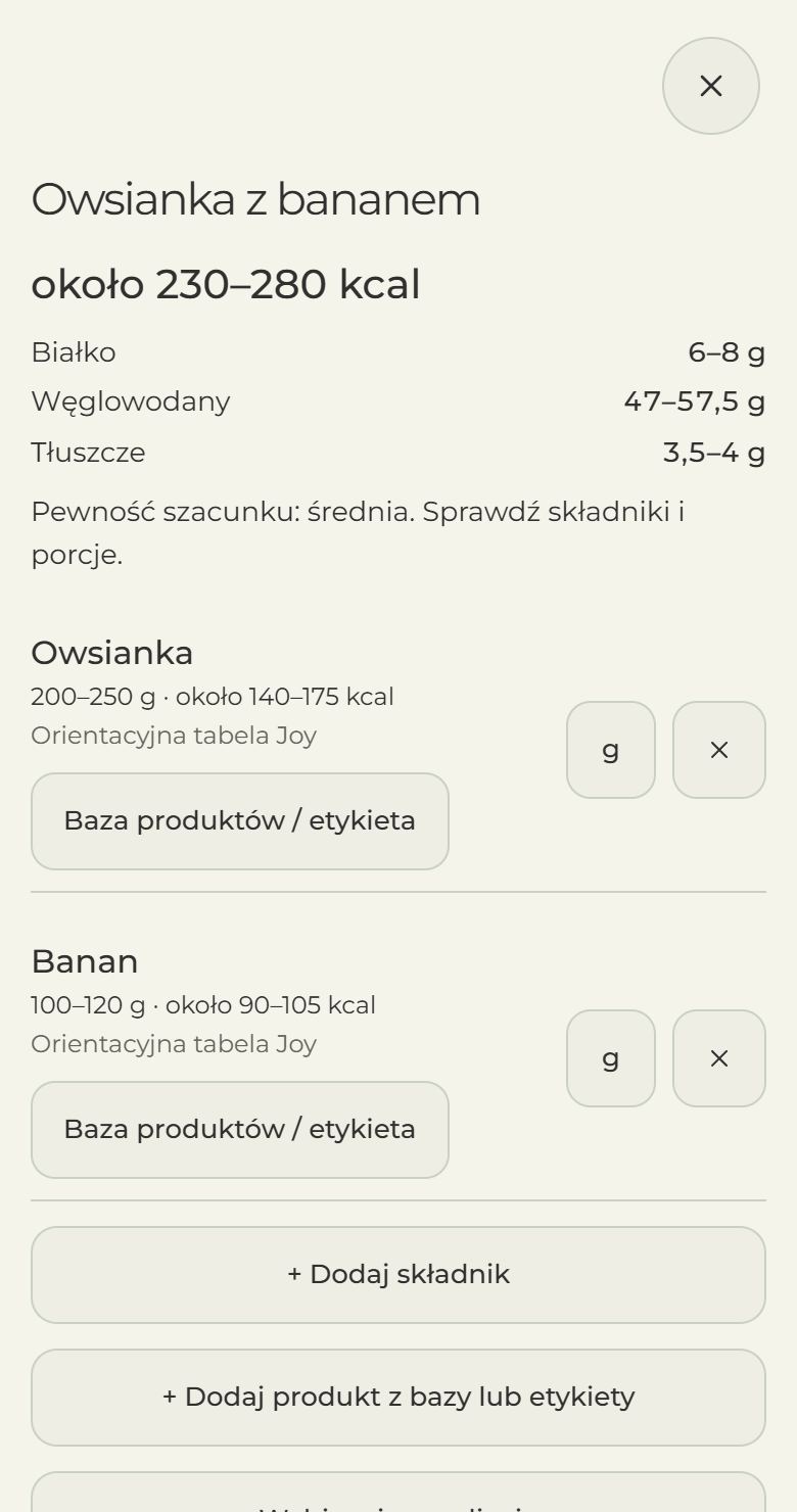 Sprawdzanie składników i porcji posiłku w testowanej wersji Joy