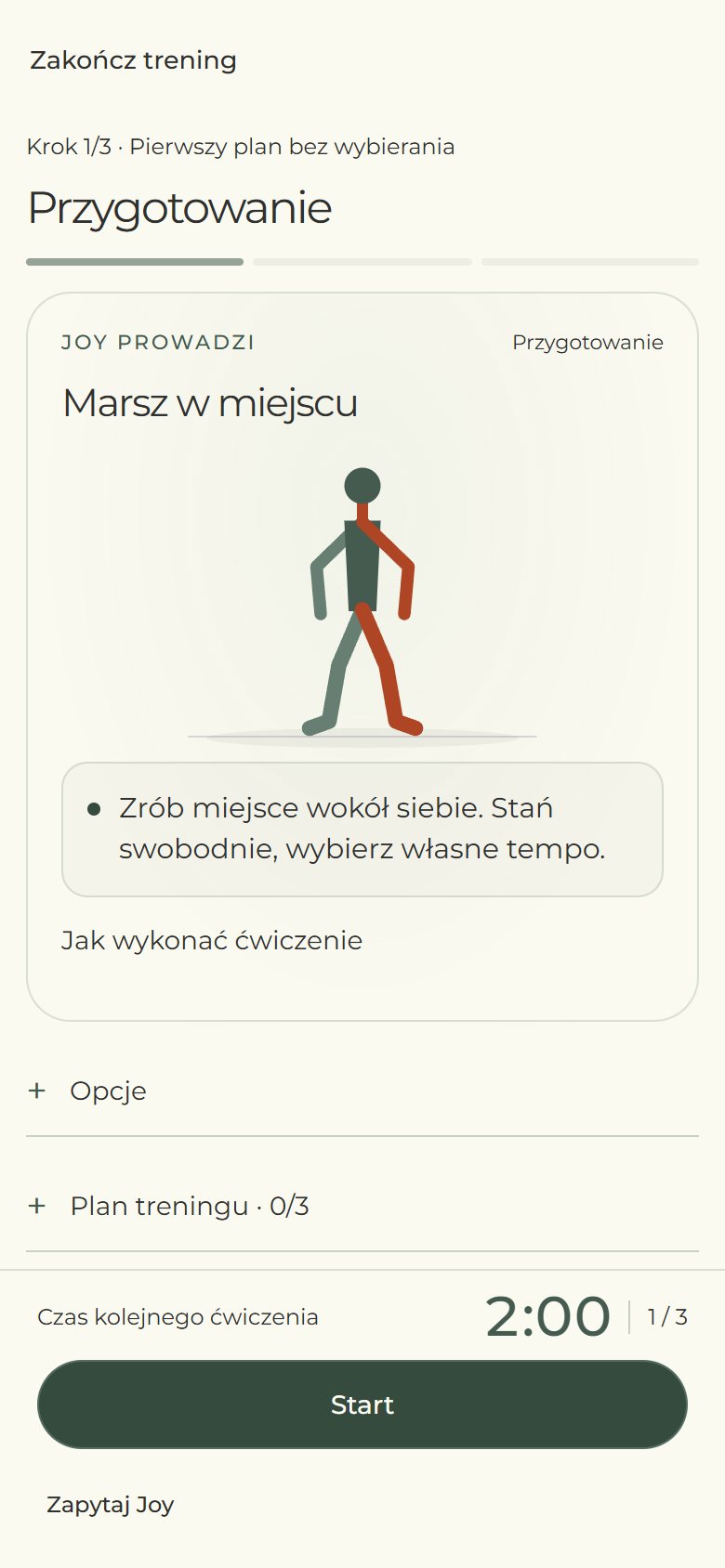Trening w aplikacji Joy z ćwiczeniem i przyciskami sterowania